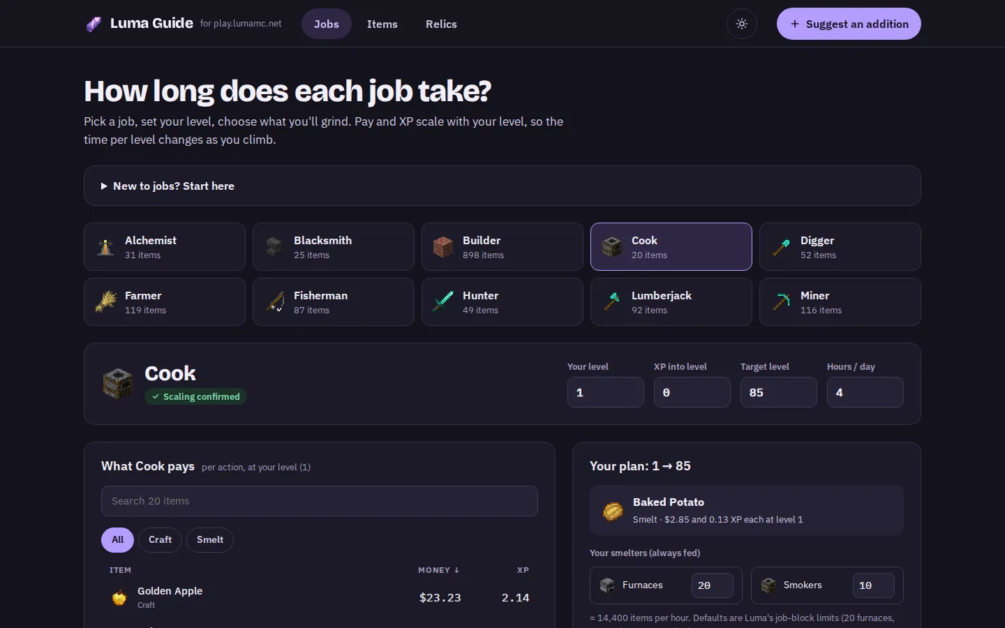 Luma Guide jobs page with a time-to-level planner for the Cook job