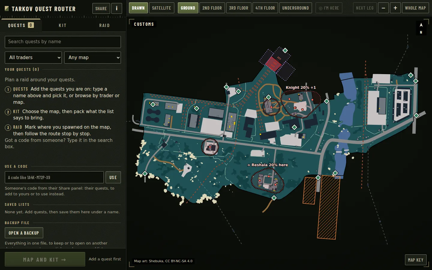 Tarkov Quest Router showing the Customs map with quest markers and floor tabs